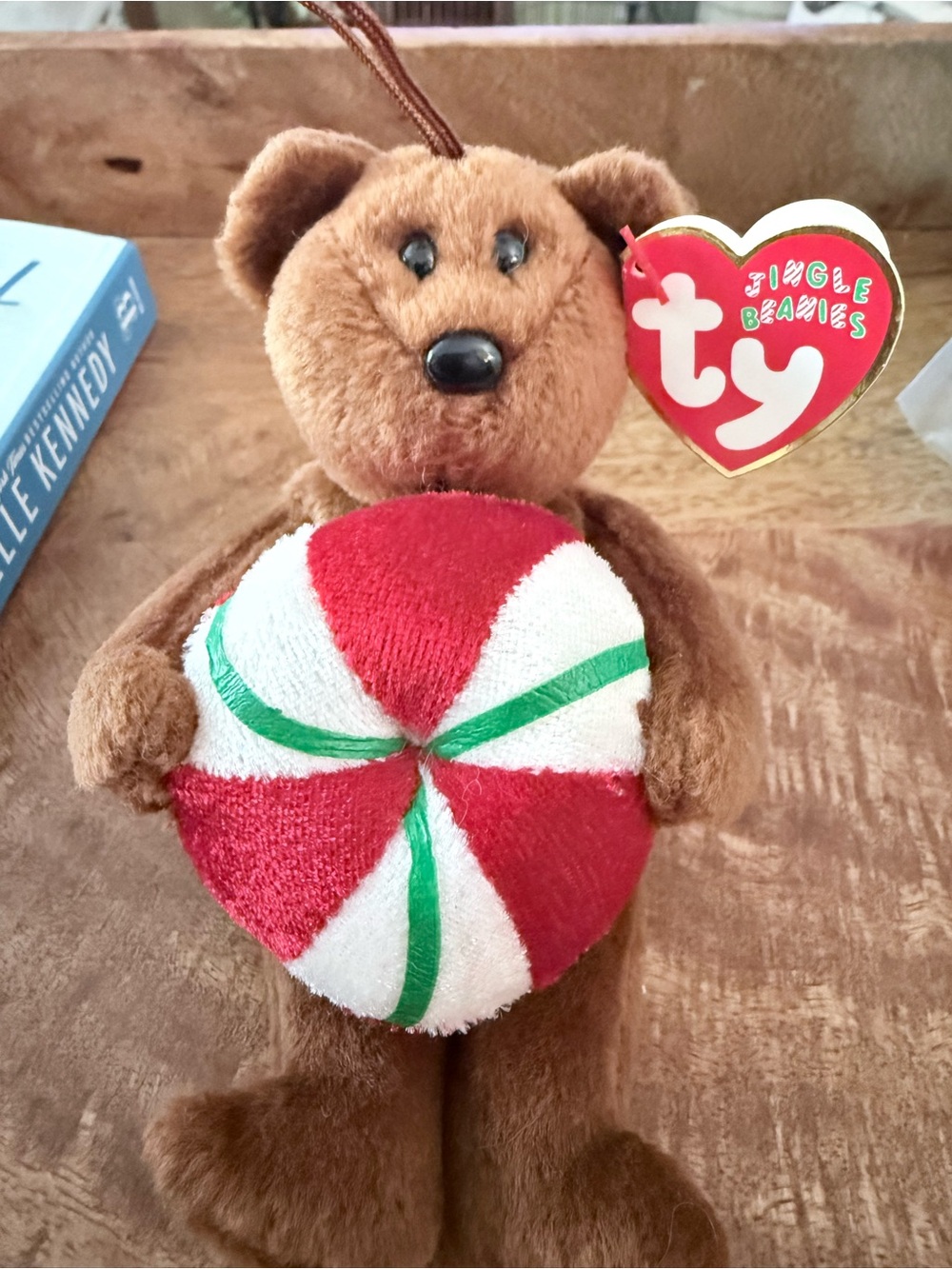 Ty Brown Bear Plush with Red & White Peppermint Ball Jingle Beanies 2005